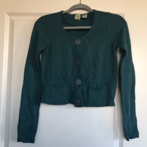 Anthropologie HWR cropped teal cardigan sweater with suede elbow pads
